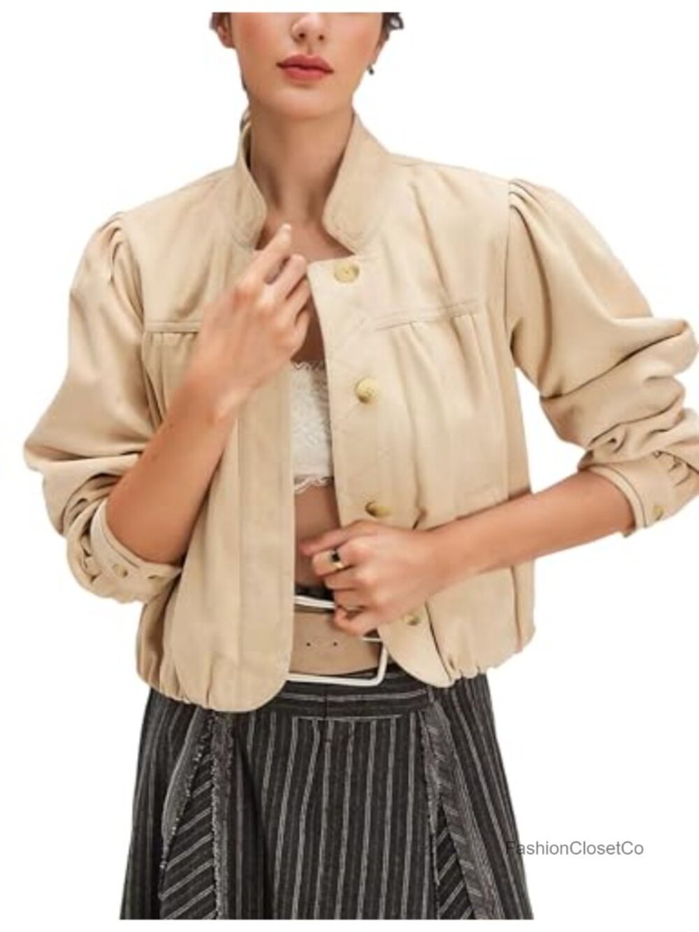 Faux Suede Cropped Bomber Jacket Button Down Pockets Casual Coat